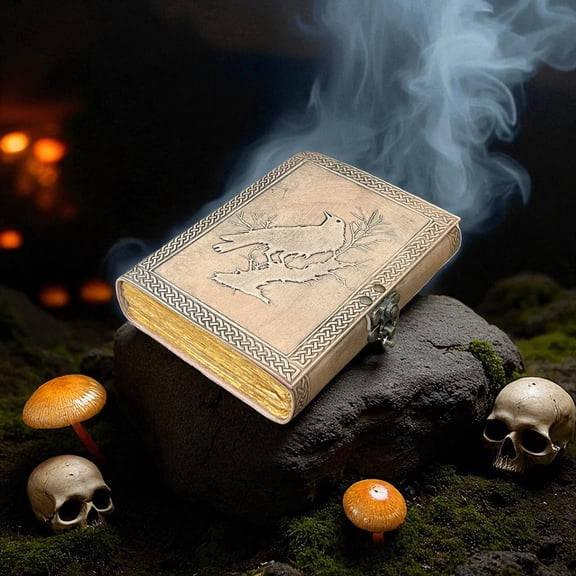 Blank Spell Book of Shadows with 200 Handmade Deckle Edge Paper Vintage Leather journal The Raven Grimoire Print gifts for him her