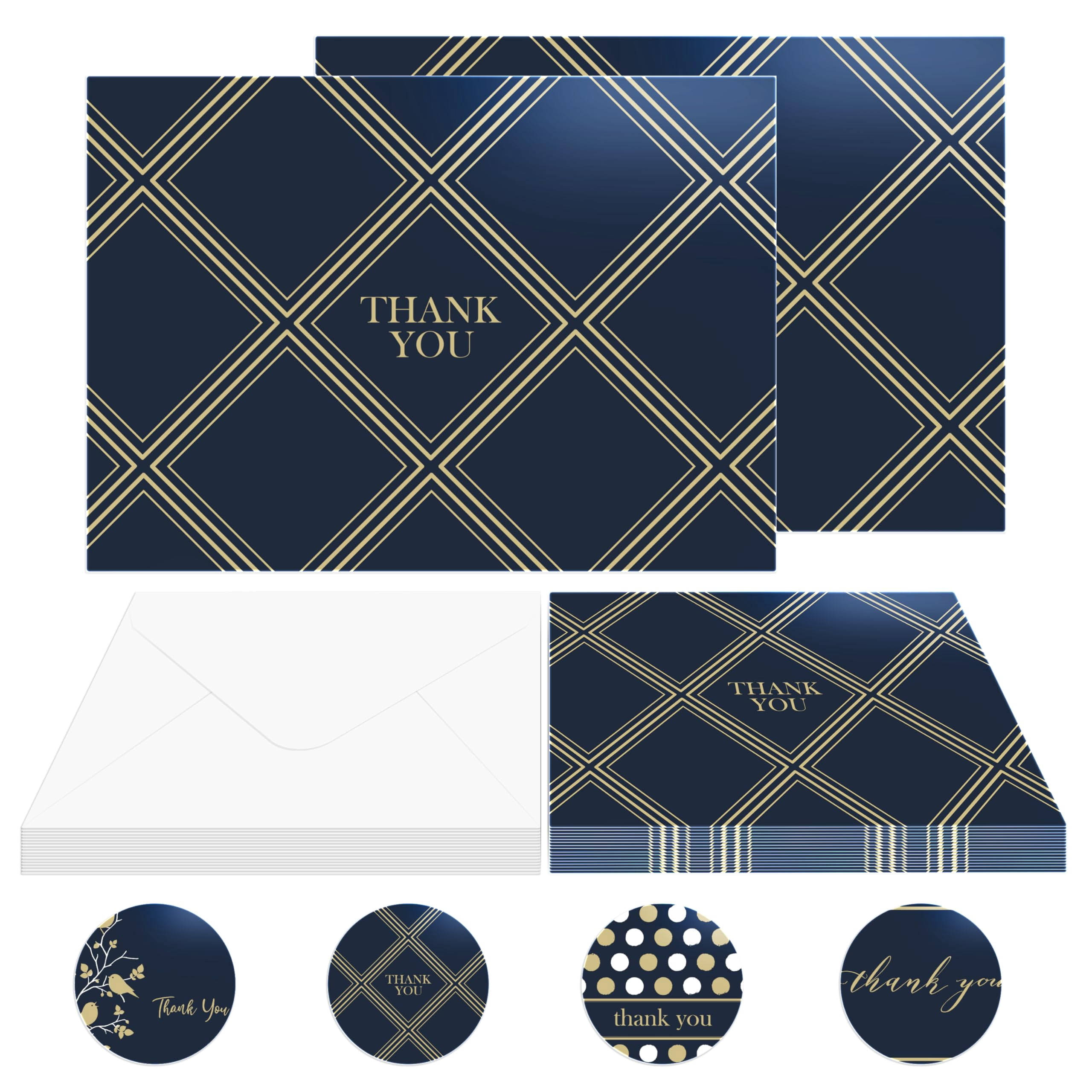Geometric Navy Blue Blank Thank You Cards Bulk Pack for Weddings, Graduations and Events