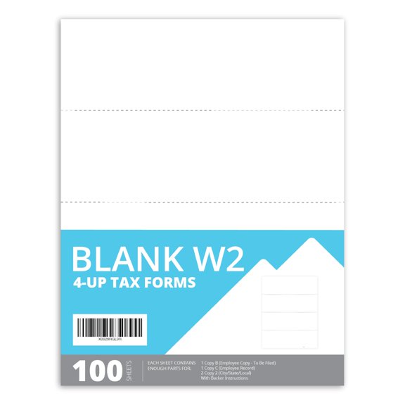 Blank W2 Tax Forms 4-Up Horizontal 100 Sheets