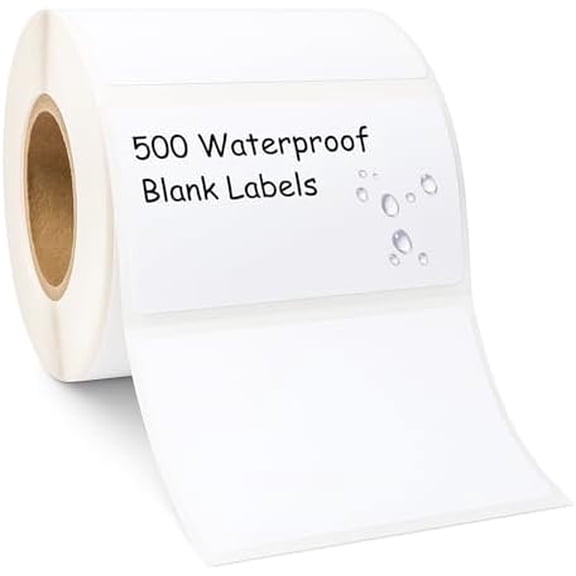 Blank Waterproof Stickers, White Write-On Polypropylene Labels with Strong Permanent Adhesive, 70mm x 40mm (2.8 x 1.6), 500/Roll, Durable for Bottles, Storage Bins, Pantry & Cleaning Supplies