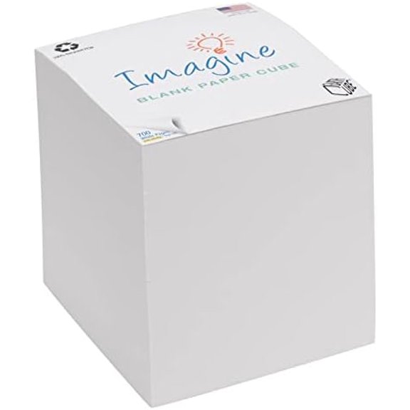 Blank White 3.5 Inch Note Cube (Not Sticky) Made in USA (Paper US or CAN) 100% Recycled 700 Tear-off Pages (Not Loose) 'Imagine'$$Office