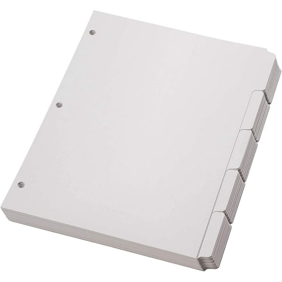 Blank Write On Binder Dividers, 1/5 Cut Tabs, 3 Hole Punch Dividers in 5 Tab Sets, 100 20 White (89981)