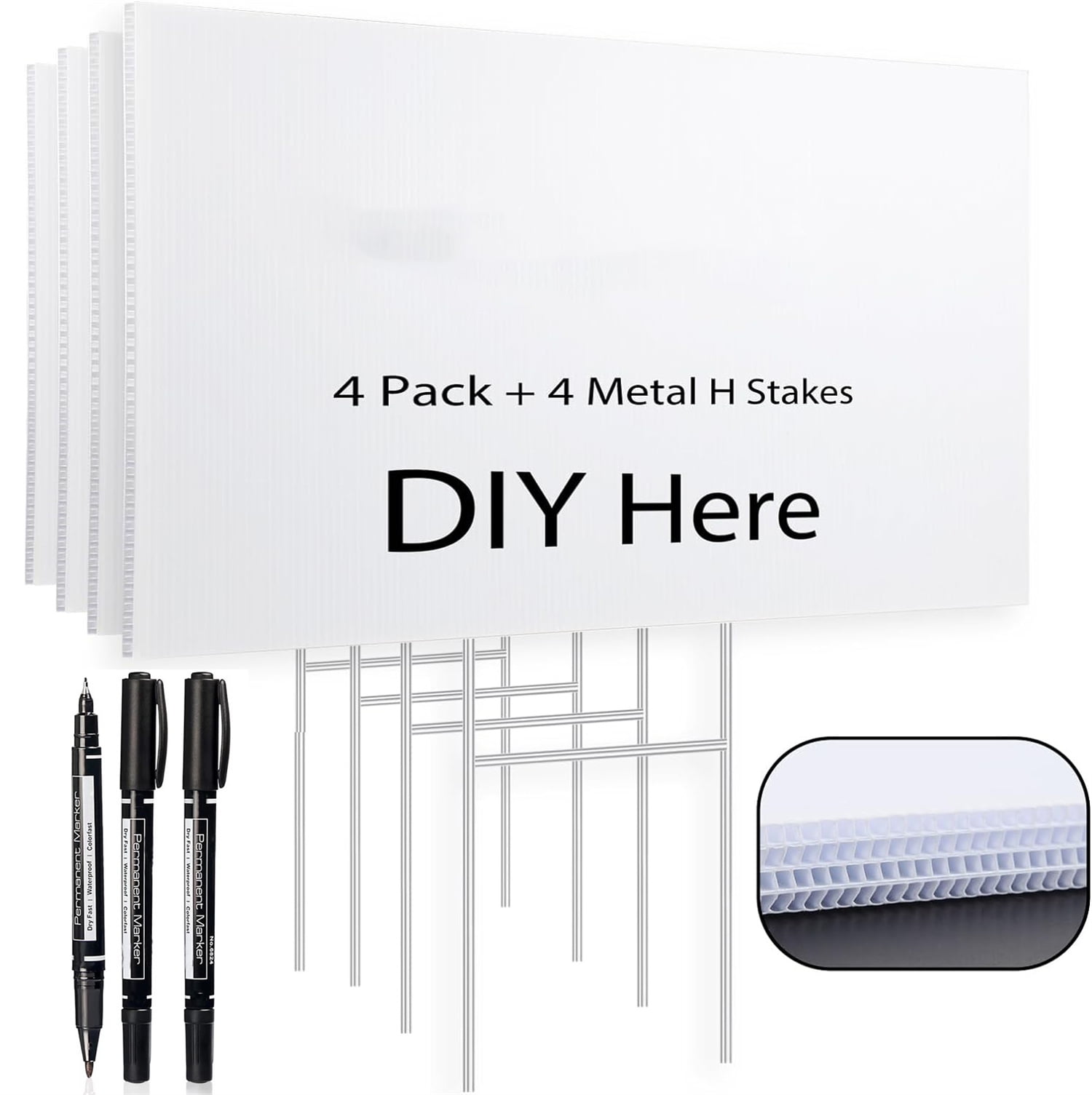 Blank Yard Lawn Signs,Happon 4 Pack 18 x 12 Inches White Plastic Lawn Signs with Stakes & Pens,Garden Yard Signs for Party Yard Decorations,Garage Sale, Guidepost, Open House