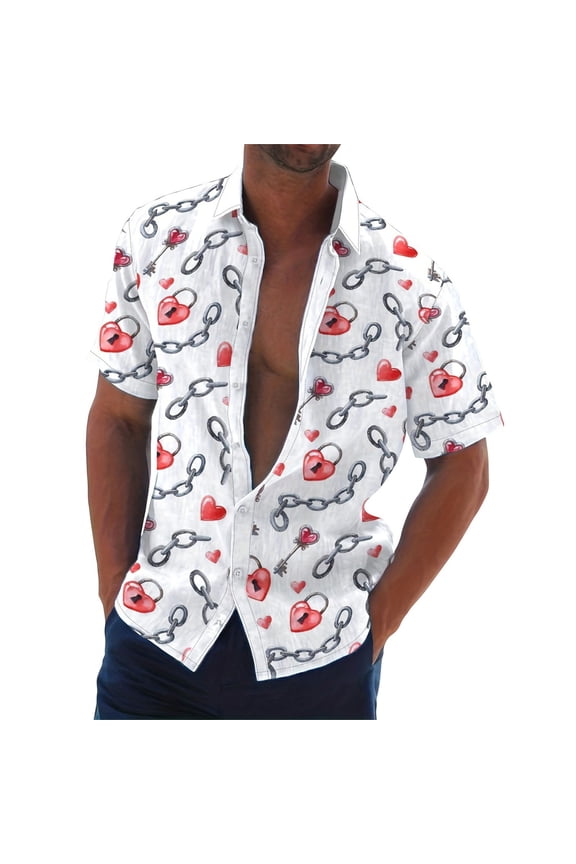 Dress Shirts for Men Valentines Day Short Sleeve Lapel Shirt Casual Lightweight Relaxed Fit Tops Mens Button Up Shirt White S