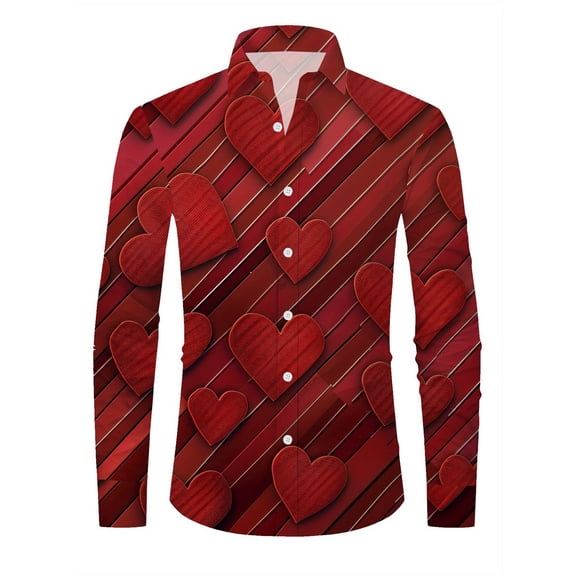 BlankRift Mens Dress Shirts Long Sleeve Valentines Day Love Heart Print Lapel Button Up Shirt Men Date Night Outfit Regular Fit Casual Tops Lightweight Men's Dress Shirt Red XL