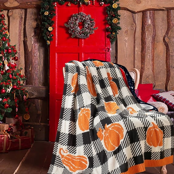 Blanket 1 - Sac Fall Blanket Orange Pumpkin Throw Blanket For Couch Ribbed Soft Decorative Blanket Black White Checkered Pumpkin Throw Blankets For Halloween