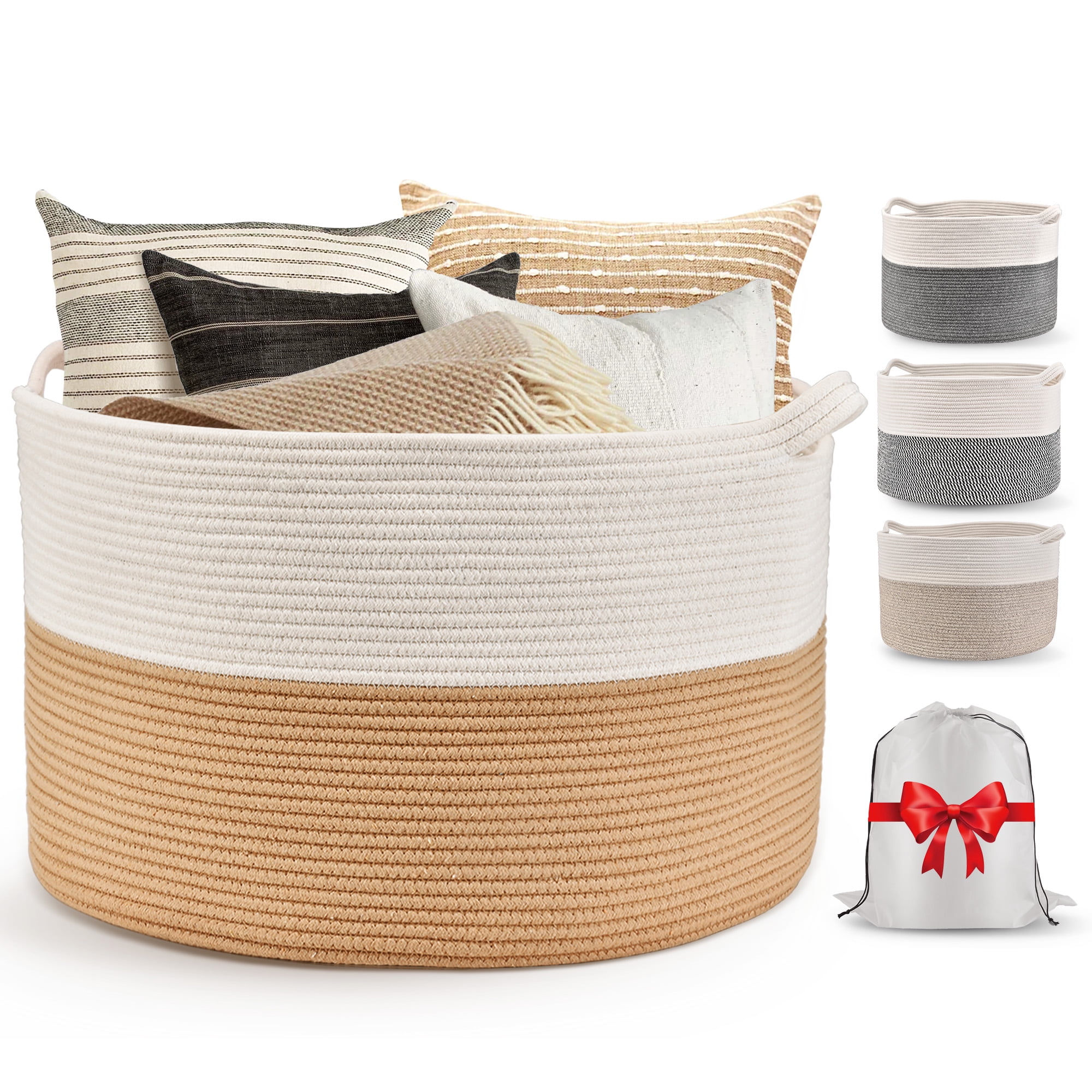 Blanket Basket Living Room,22" x 22"x14",XXXL Storage Baskets,Woven Rope Baskets for Storage,Large Basket with Storage Bag,Baby Laundry Basket,Toy Basket with Handle,Clothes Hamper (Jute)