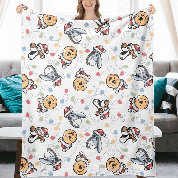 Blanket Cartoon Winnie the Pooh Print Soft Flannel Cozy Baby Blankets Machine Washable Lightweight All Season Fuzzy Blanket for Living Room Couch Sofa Car