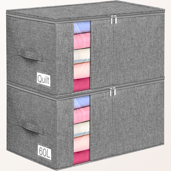 Blanket/Comforter Storage Bag with Rigid Side & Bottom Support, Stackable Clothes Storage Bin for Sweaters Bedding Sets Quilts Pillows, Closet Organizer, 2 Pack, Gray