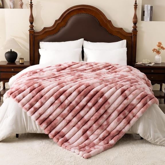 Blanket for Couch - 60" x 80" Faux Rabbit Fur Blanket Cozy Soft Warm Blankets for Bed Sofa Bedroom Living Room Fluffy Striped Blankets for Fall Winter, Home Decor, Pink