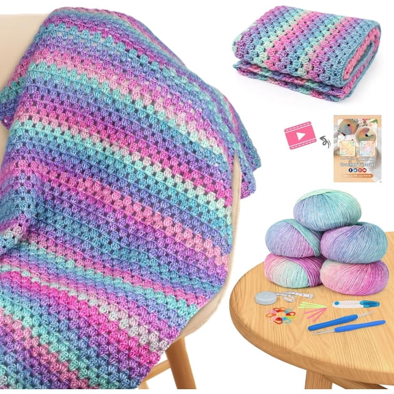 Blanket Crochet Kit for Beginners, Super Easy with Soft & Colorful Gradient Yarns Detailed Video Tutorials Crocheting Accessories, Aurora Purple Ideal Gift