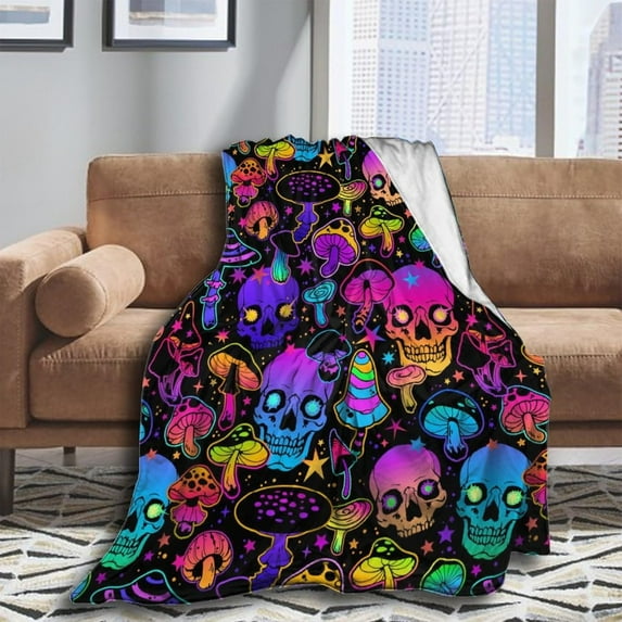 Blanket Decor Plush Gift for Girl Women Fleece Throw Lightweight Soft Boho Flannel Boys Men Bedding Blankets for Chair 60"x80" (Trippy Mushroom Skull)