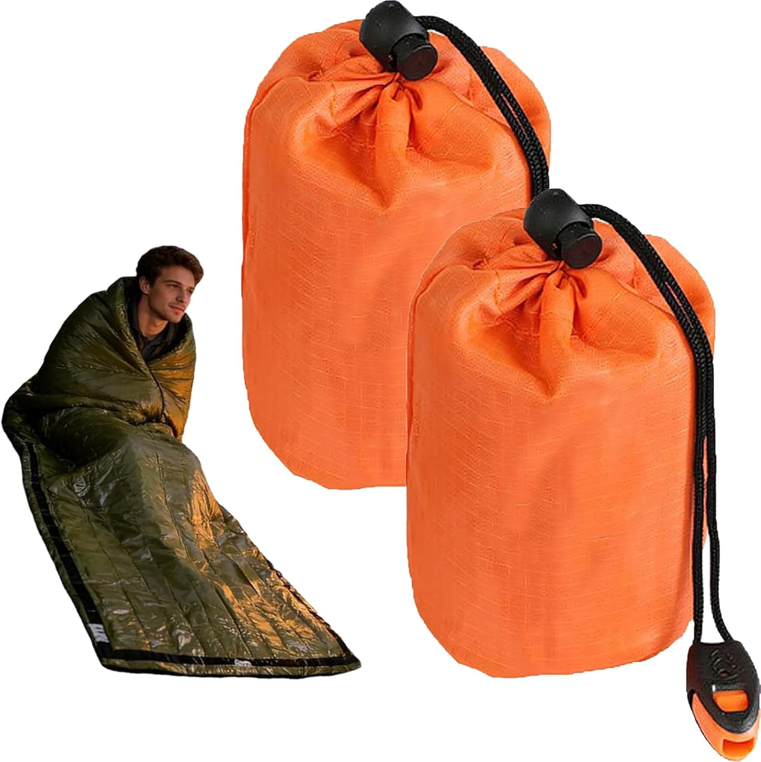 Blanket, Emergency Sleeping Bag with Whistle, Portable Emergency Survival Bag, Lightweight Pocket Size Emergency Sleeping Bag, Waterproof Thermal Bivy Sack for Camping, Hiking