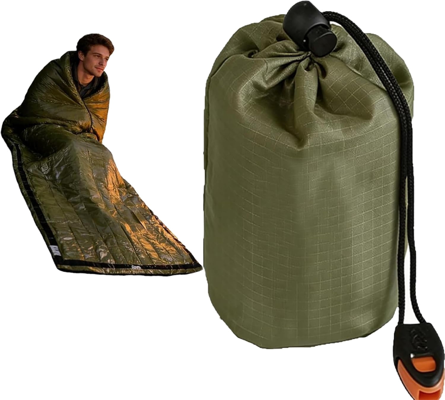 Blanket, Emergency Sleeping Bag with Whistle, Portable Emergency Survival Bag, Lightweight Pocket Size Emergency Sleeping Bag, Waterproof Thermal Bivy Sack for Camping, Hiking
