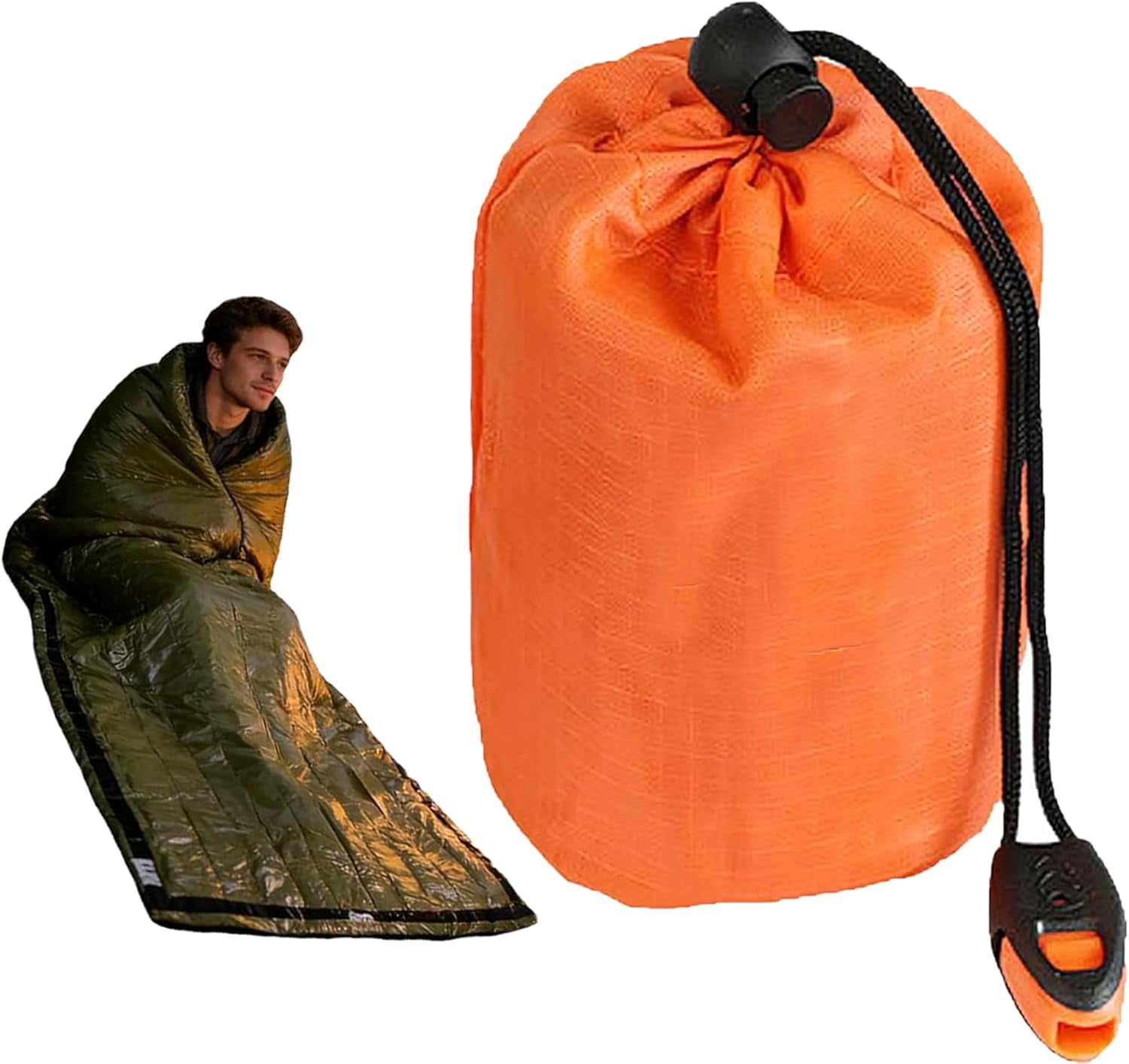 Blanket, Emergency Sleeping Bag with Whistle, Portable Emergency Survival Bag, Lightweight Pocket Size Emergency Sleeping Bag, Waterproof Thermal Bivy Sack for Camping, Hiking