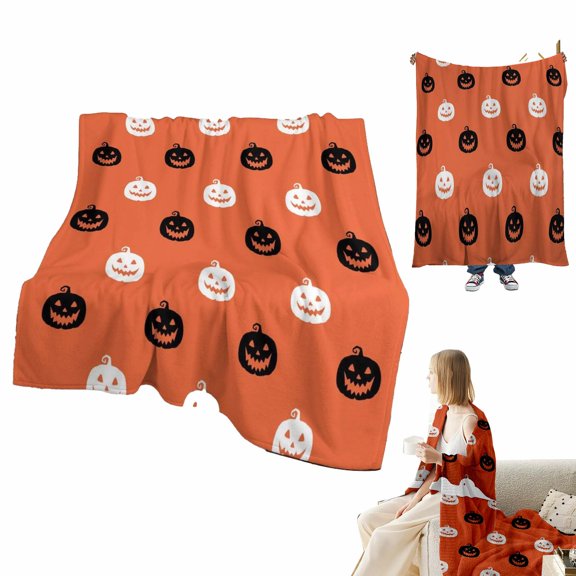 Blanket,Fall Checkered Blanket Orange Pumpkin Throw Blanket For Couch Bed Sofa Ribbed Soft Decorative Blanket Pumpkin Throw Blankets For Halloween