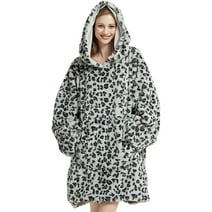 Blanket Hoodie, Oversized Wearable Blanket for Adult Women and Men Gifts, Super Cozy Warm and Soft Hooded Blanket Sweatshirt, Grey Cheetah Print Faux Fur Blanket Sweatshirt with Large Pocket