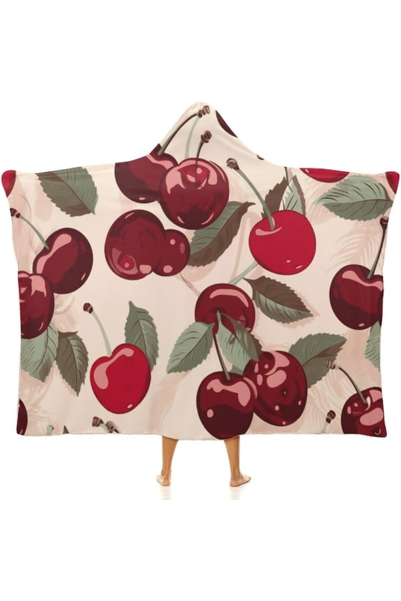 Blanket Hoodie Poncho Blanket Sweatshirt Cherry Pattern Wearable Blanket Wrap Functional Throw Blanket Wearable Blanket Hooded Throw Cape Gifts for Adults Bed Decorative