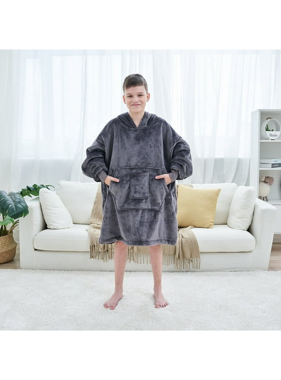Blanket Hoodie Sweatshirt for Kid, Wearable Blanket Oversized Sherpa,Warm&Cozy Hoodie,Gray