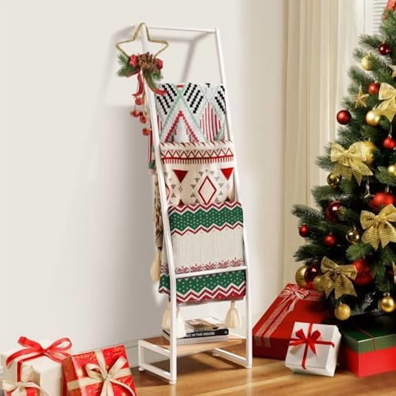 Blanket Ladder, 5 Tier Ladder Shelf,Wooden Blanket Ladders for Living Room and Bedroom, 5.2ft Blanket Holder Rack Farmhouse Ladder Rack for Storage and Home Decor (White)