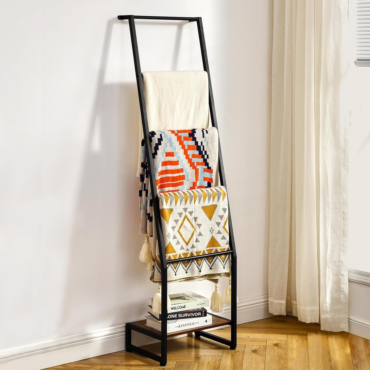 Rustic Brown and Black 5-Tier Wooden Blanket Ladder Shelf