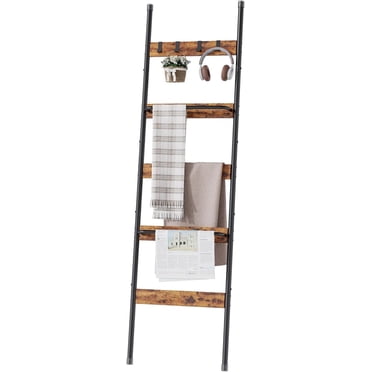 Decorative Storage Ladder 5-Tier Blanket Ladder With 6 Hooks - Wall-Leaning Towel Rack For Living Room & Bedroom Blanket Ladder Rack
