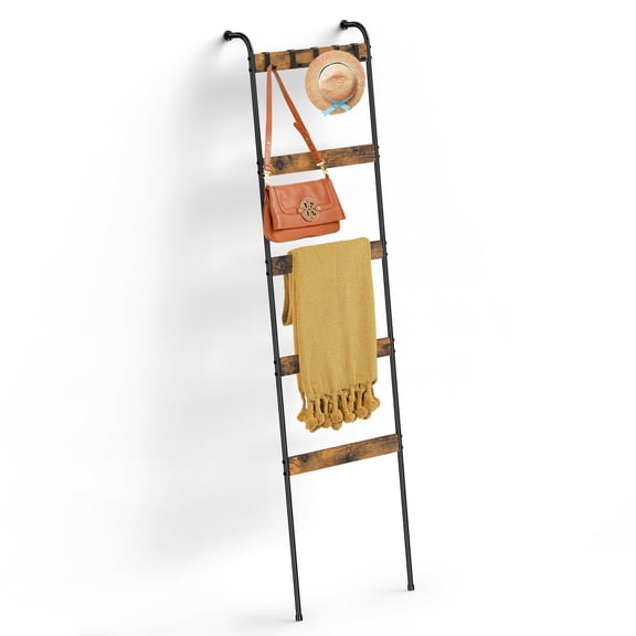 Blanket Ladder, 5-Tier Towel Rack 10 Removable Hooks Towel Holder Wall Leaning Quilt Towel Rack for Bathroom, Bedroom, Rustic Home Decor