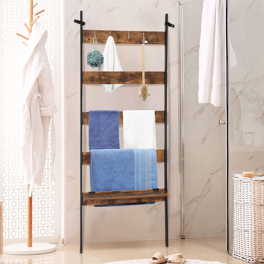 SWTYMIKI Over Door Towel Rack - 5 Tier Towel Storage Rack Wall Mounted With Metal Shelf, Over Door Towel Rail, Space-Saving Bathroom Towel Storage, Multi-Functional Bathroom Accessories, Black