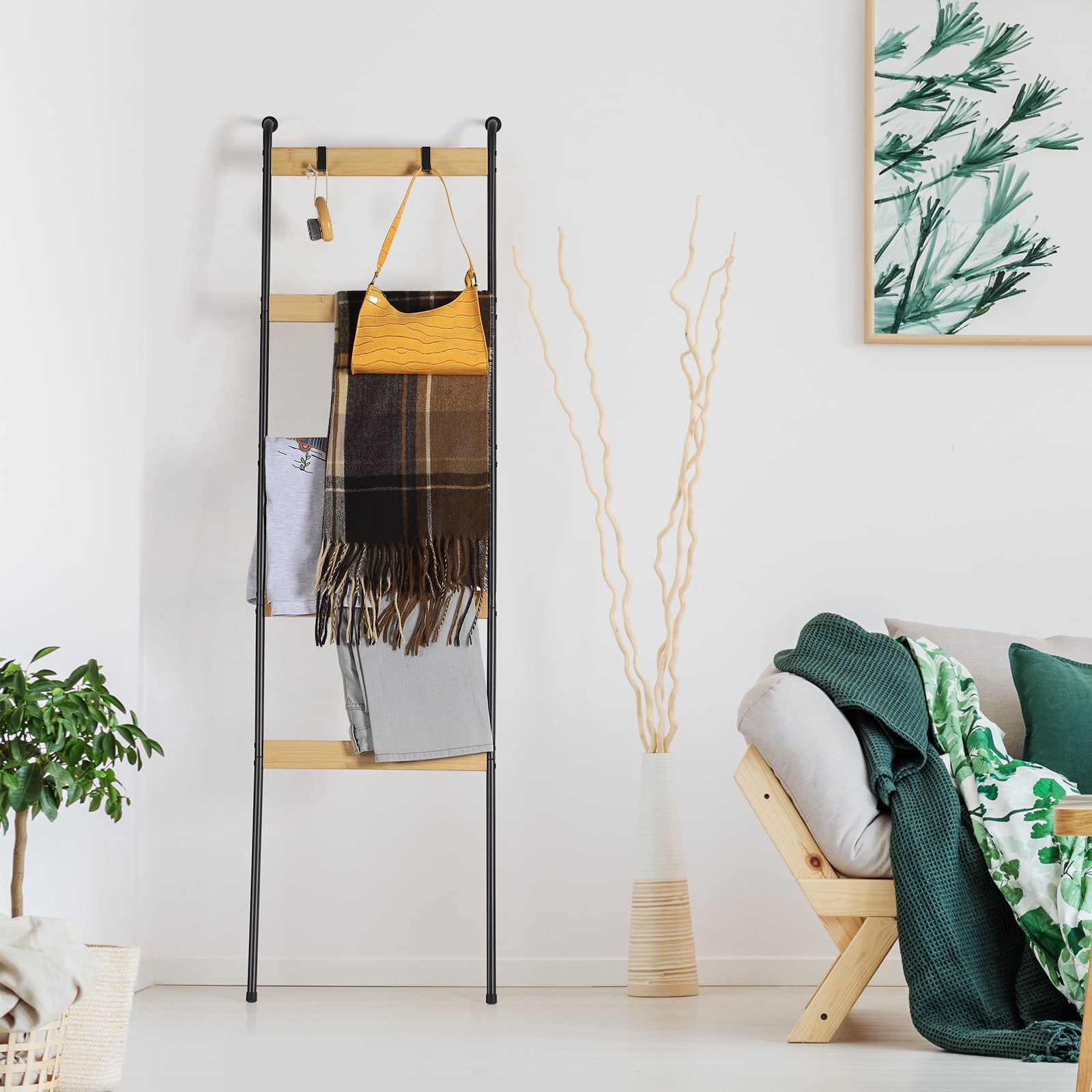 Blanket Ladder, 5-Tier Wall Leaning Rack with 10 Removable Hooks ...