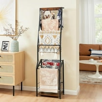 Blanket Ladder, 7 Tier Blanket Ladders for The Living Room,Wooden Ladder Shelf with Hooks, 5.5ft Blanket Holder Rack Farmhouse Ladder Rack for Storage and Home Decor, Rustic Brown and Black