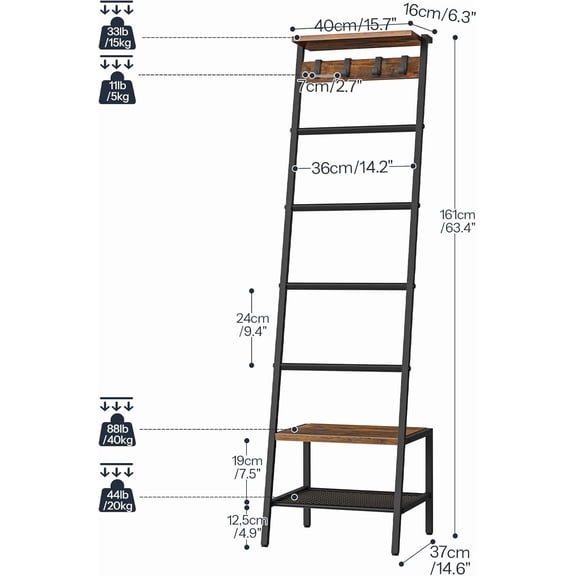 Blanket Ladder, 7-Tier Giraffe Shape Towel Rack for Living Room and Bedroom, 63.4" H Decorative Ladder Shelf with Hooks, Metal Frame, Industrial Style, Rustic Brown and Black BF13CJ01