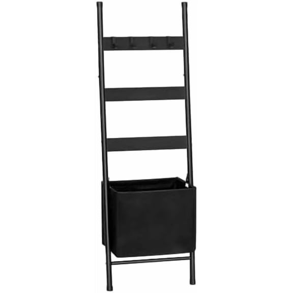 Blanket Ladder with Basket, 17.3”L x 63.4”H, Towel Rack with Hooks, Blanket Holder Rack, Decorative Ladder Shelf, Drying and Display Rack for Bathroom, Living Room, Black BB31CJ01