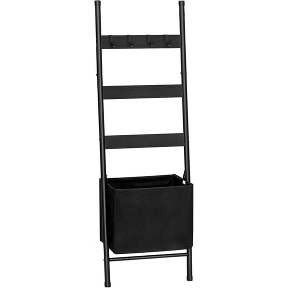 Blanket Ladder with Basket, 17.3L x 63.4H, Towel Rack with Hooks, Blanket Holder Rack, Decorative Ladder Shelf, Drying and Display Rack for Bathroom, Living Room, Black BB31CJ01