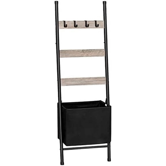 Blanket Ladder with Basket, 17.3”L x 63.4”H, Towel Rack with Hooks, Blanket Holder Rack, Decorative Ladder Shelf, Drying and Display Rack for Bathroom, Living Room, Greige BG31CJ01