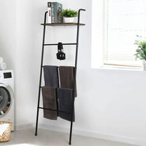 Blanket Ladder for Bathroom Blanket Towel Ladder Holder with Shelf for Living Room Farmhouse 5-Tier Wall-Leaning Shelf Metal Quilt Rack, Black and Brown