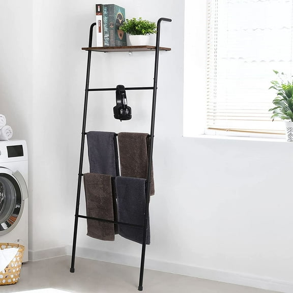 Blanket Ladder for Bathroom Blanket Towel Ladder Holder with Shelf for Living Room Farmhouse 5-Tier Wall-Leaning Shelf Metal Quilt Rack, Black and Brown