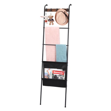 Blanket Ladder Decorative Towel Rack Holder with 5 hooks & 1 bag for Bathroom
