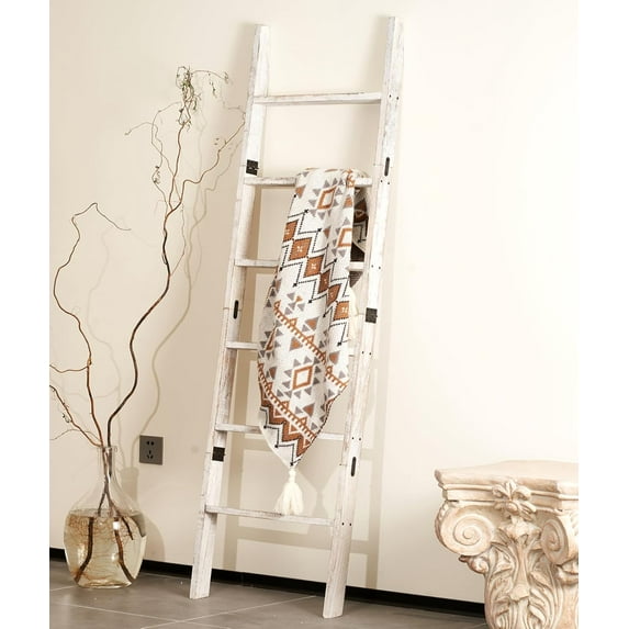 Blanket Ladder for The Living Room 6-Tier, Wooden Decorative Quilt Holder for Bed Room, Wall-Leaning Towel Rack for Bathroom,Rustic Farmhouse Ladders for Display. (White Wash)