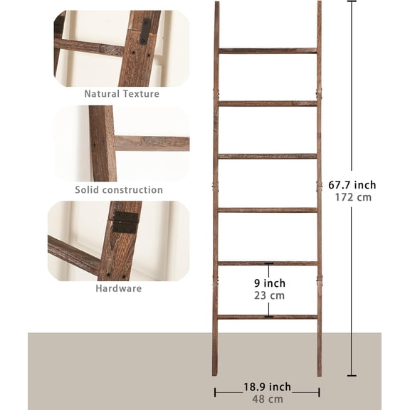 Blanket Ladder for the Living Room 6-Tier, Wooden Decorative Quilt Holder for Bed room, Wall-Leaning Wood Towel Rack for Bathroom,Rustic Farmhouse Ladders for Display. (Washed brown)