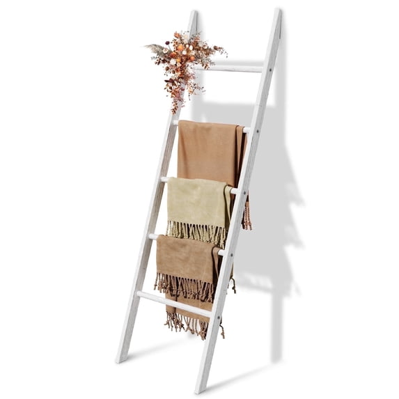 Blanket Ladder for The Living Room and Bedroom, 5-Tier Wall Leaning Rustic Decorative Farmhouse Blanket Rack, Quilt Rack, Ladder Shelf, Easy Assembly, White Wash