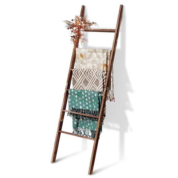 Wood Blanket Ladder for The Living Room and Bedroom, 6-Tier Wall Leaning Rustic Decorative Farmhouse Blanket Rack, Quilt Rack, Ladder Shelf, Easy Assembly, Brown