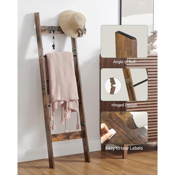 Blanket Ladder for Living Room, Decorative Quilt Rack with 4 Removable Hooks, 5-Tier Farmhouse Ladder Holder Shelf Organizer for Bedroom, Rustic Brown and Black