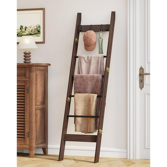 Blanket Ladder for Living Room, Decorative Quilt Rack with 4 Removable Hooks, 6-Tier Farmhouse Ladder Holder Shelf Organizer for Bedroom, Black Tea Brown and Black