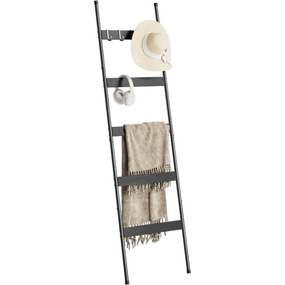 Blanket Ladder for Living Room, Farmhouse 5 -Tier Quilt Holder with 4 Removable Hooks for Bathroom, Wood Towel Rack Display, Wall Anchor Leaning Decorative Stand for Home Decor, Black