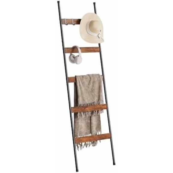 Blanket Ladder for Living Room, Farmhouse 5-Tier Quilt Holder with 4 Removable Hooks for Bathroom, Wood Towel Rack Display, Wall Anchor Leaning Decorative Stand for Home, Rustic Brown