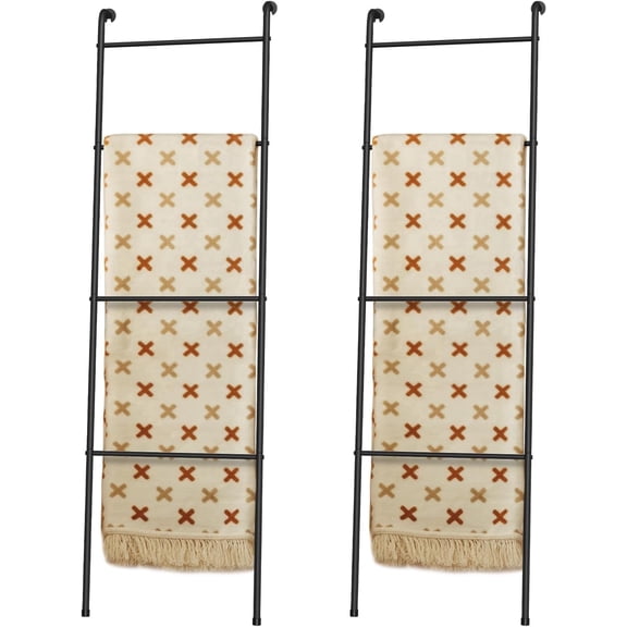 Blanket Ladder Set of 2, 4 Tier Metal Towel Rack Wall-Leaning Quilt Holder Decorative Display Ladder Shelf Drying Quilt Stand for Living Room Bathroom Bedroom Laundry Room (Black)