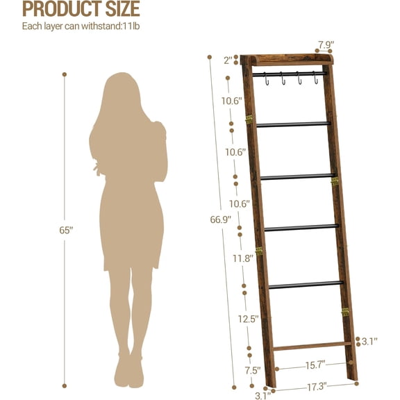 Blanket Ladder Shelf, Decorative Quilt Rack, 7-Tier Farmhouse Ladder Holder Organizer with 4 Removable Hooks, Rustic Brown BR36801B