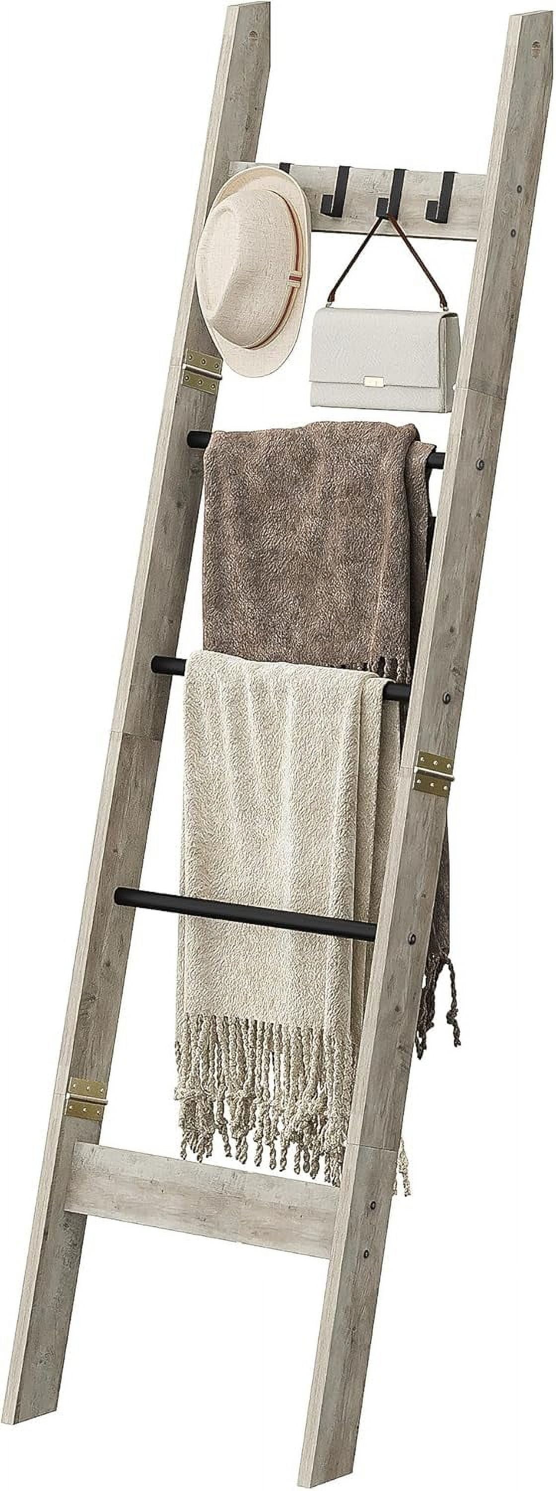 5.3ft Beech Wood Blanket Ladder - Farmhouse Storage With 4 Bars & Top Hooks