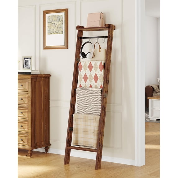 Blanket Ladder Shelf for Living Room, Decorative Quilt Rack with Storage Shelf, 6-Tier Farmhouse Ladder Holder Organizer with 4 Removable Hooks for Bedroom, Rustic Brown and Black