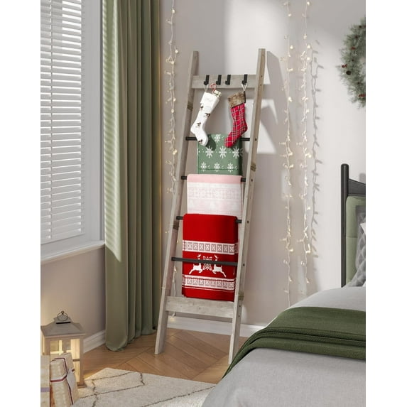 Blanket Ladder Shelf for Living Room, Decorative Wood Quilt Rack with 4 Hooks, 6-Tier,Greige